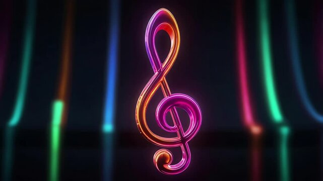 Music logo with colorful neon lights. Seamless 4K looping timelapse video animation background