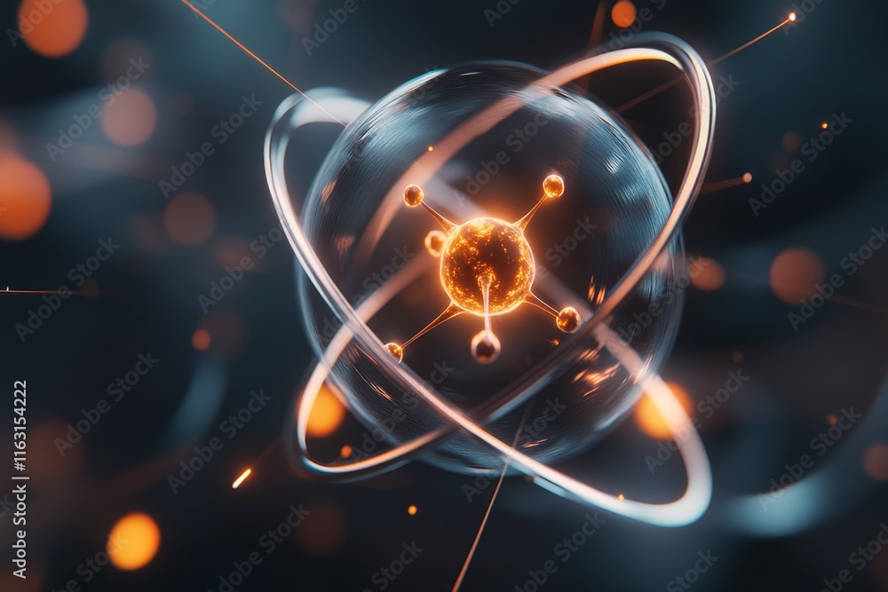 Poster a clean, minimalist design of a glowing ion with positive and negative charges orbiting around a nuc