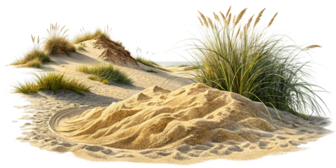 Sand dunes with tall grass and tire tracks in a natural landscape isolated on transparent background
