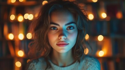 Fototapeta premium Young Woman Portrait Bokeh Lights Background
