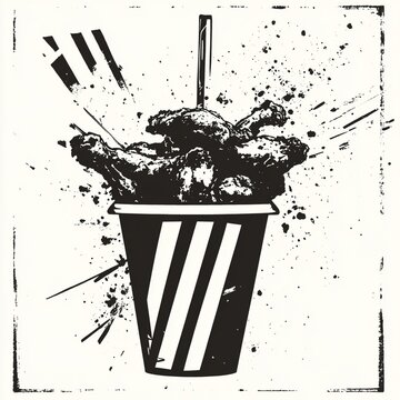 Naklejki Black Ink Chicken Wings Bucket Fast Food Dynamic Art Print
