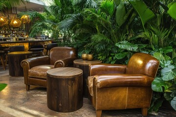 Fototapeta premium Cozy Seating Area with Mocha Brown Leather Chairs Surrounded by Greenery