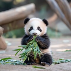 Obraz premium Adorable Baby Panda Enjoying a Fresh Bamboo Snack