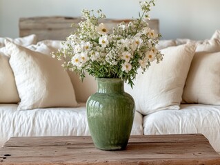 Rustic Coffee Table with Sage Green Vase and Fresh White Flowers