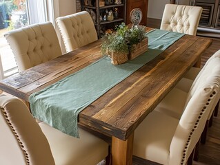 Rustic Dining Table with Sage Green Table Runner and Elegant Chairs