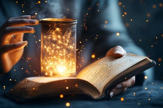 A fantasy-themed party invitation featuring a glowing scroll, magical runes, and soft, ethereal lighting