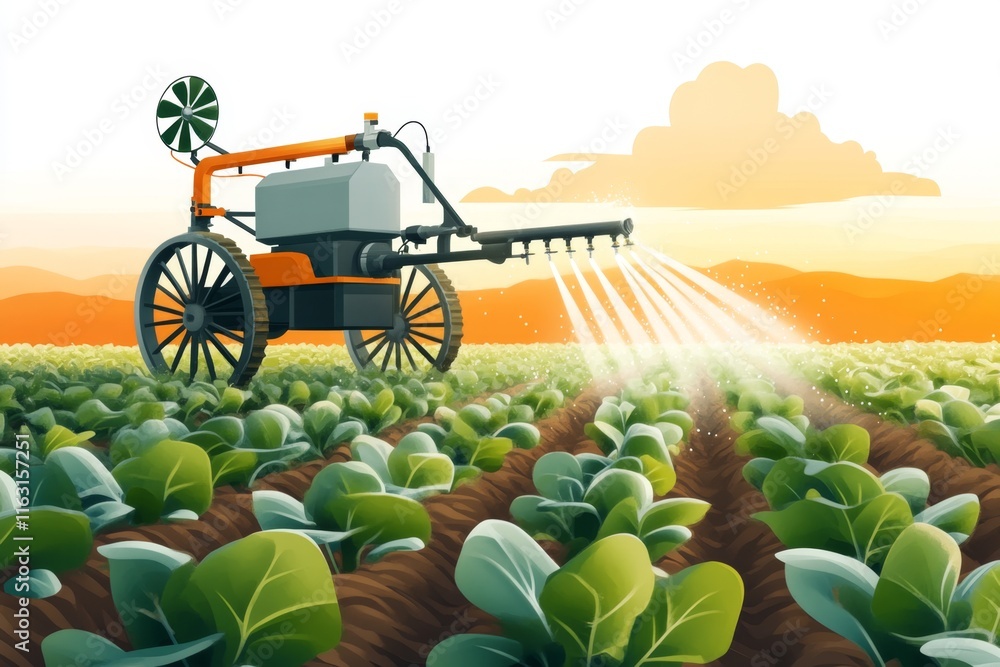 Poster a flat illustration of a modern sprinkler system watering crops in stylized rows, with soft gradient