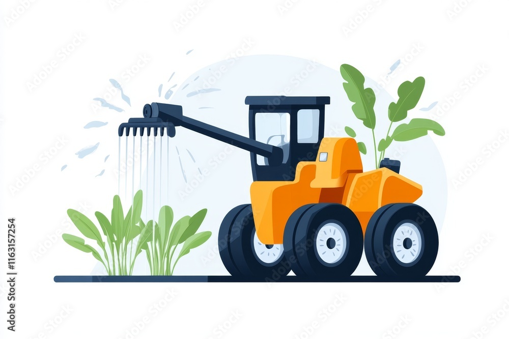 Poster a flat illustration of a modern sprinkler system watering crops in stylized rows, with soft gradient