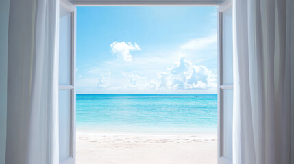 Breezy white curtains frame stunning ocean view through open window, evoking tranquility and relaxation