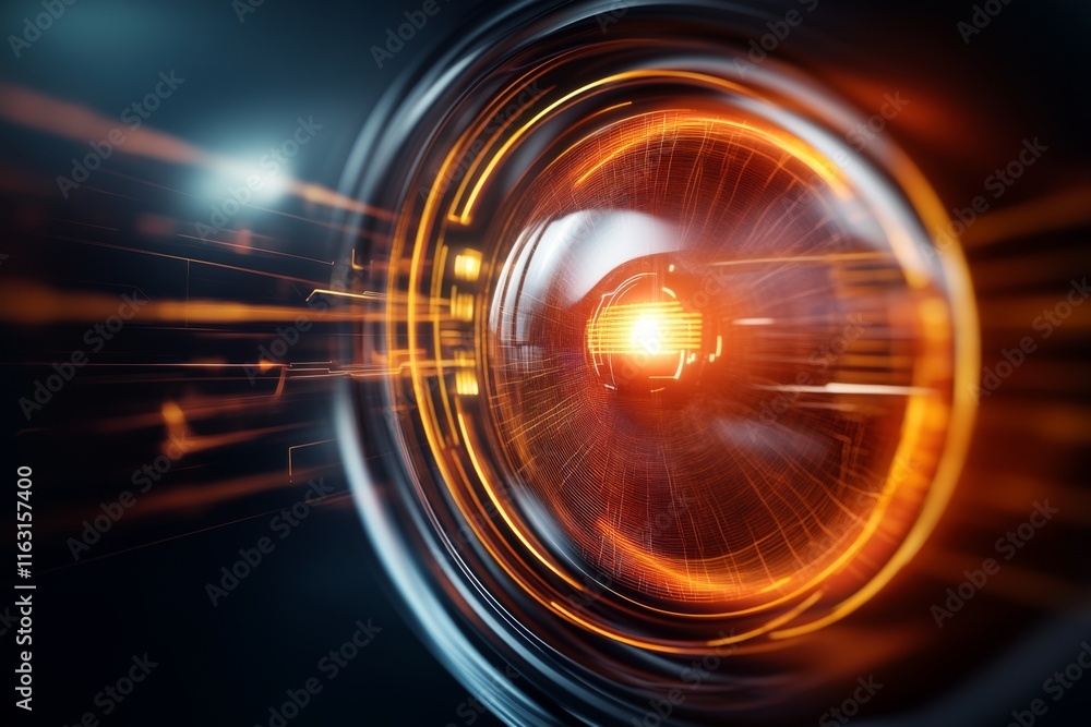 Poster a futuristic 3d iris recognition device scanning a holographic eye with dynamic, glowing overlays