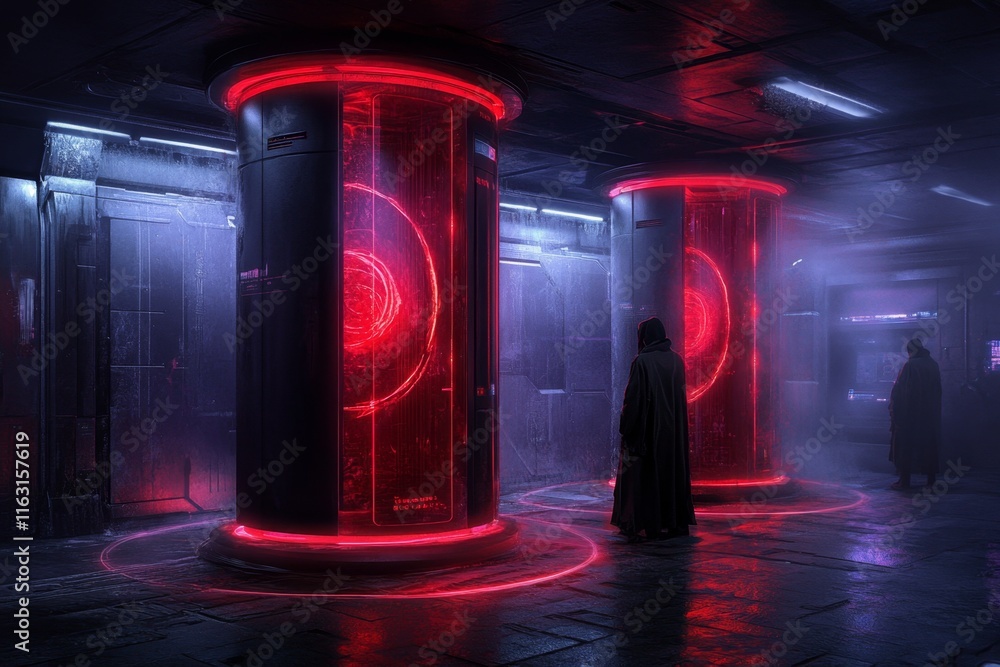 Poster A futuristic laboratory scene where a scientist analyzes glowing ions in a high-tech containment field