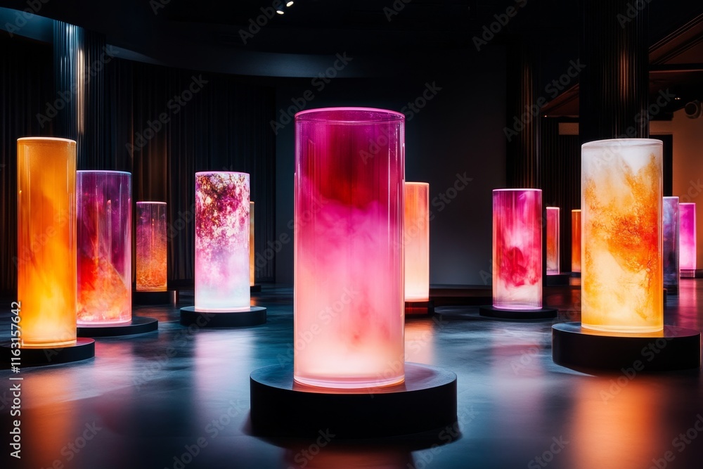 Poster a futuristic reimagining of ionic columns, made from glowing, transparent materials, set in a high-t