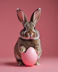 Obraz premium Adorable bunny holding a pink Easter egg in a minimalist studio setting, celebrating springtime joy and Easter traditions with a charming pastel pink background, perfect for holiday-themed visuals and