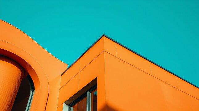 A photograph depicting precise architectural details in warm terracotta and cool teal hues. Strong, hard light creates harsh shadows and highlights sharp lines. The image showcases a business