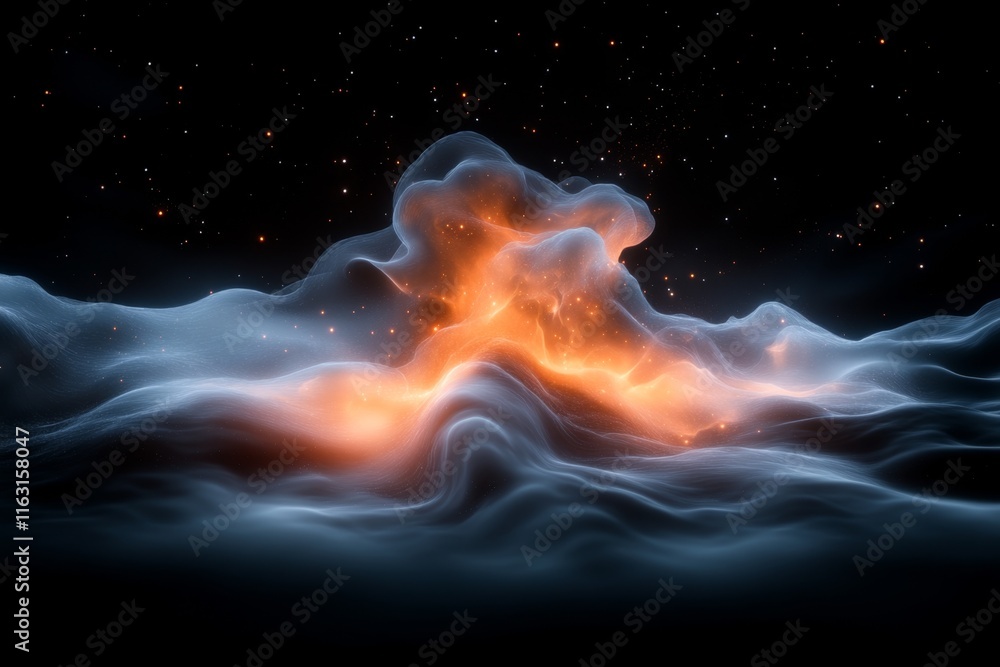 Poster A glowing visualization of ionized gas in a nebula, with swirling patterns of light and energy in deep space