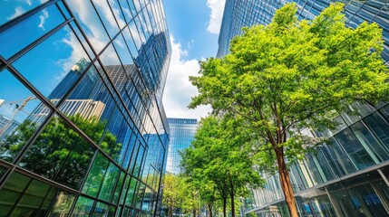 Modern Urban Landscape with Green Trees and Reflective Glass Buildings