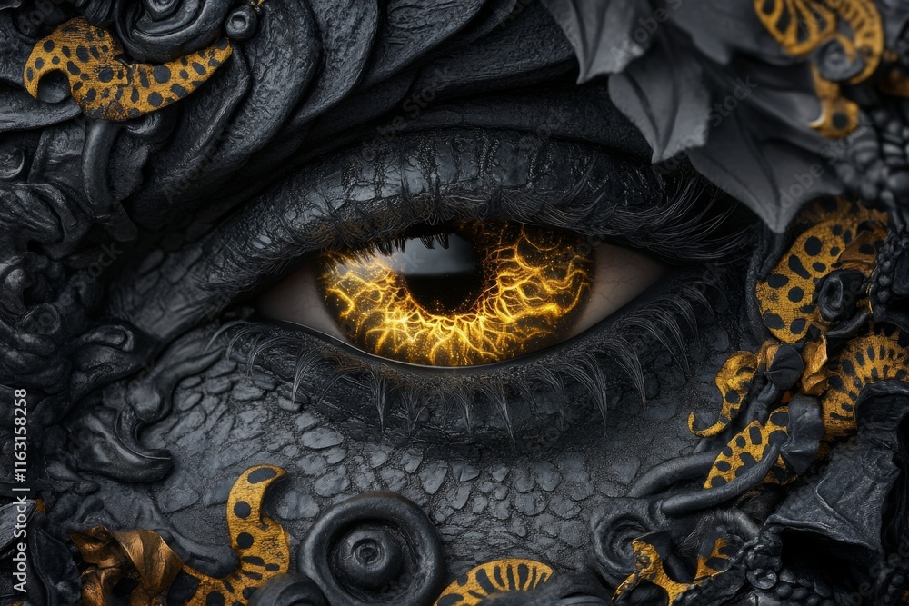Poster a gothic depiction of a mysterious eye with a glowing golden iris, surrounded by dark shadows and or