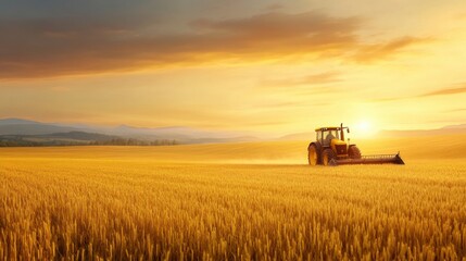 Naklejka premium Sunset Over Golden Wheat Field with Tractor Working the Land in Rural Agricultural Landscape