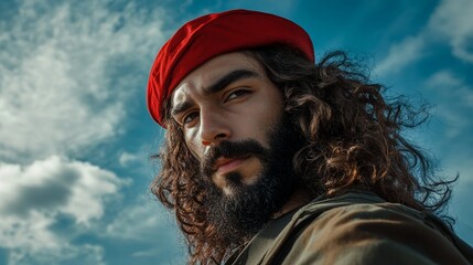 Obraz premium With long curly hair and a beard devoid of a mustache, the person wears a military beret.
