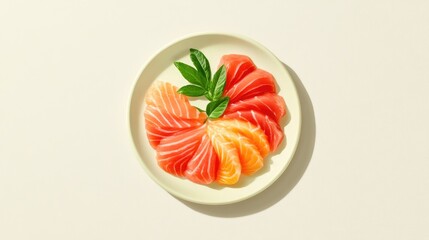 Fresh Salmon Slices Artfully Arranged on a Plate with Green Leaf