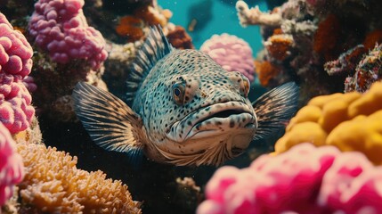 Colorful Coral Reef with a Close-up View of a Spotted Fish