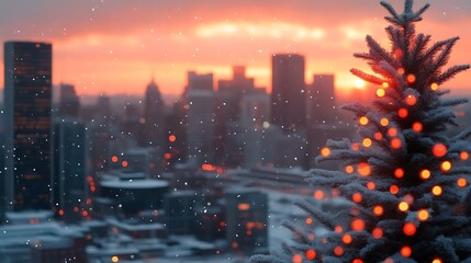 Obraz premium Snow Covered Christmas Tree Cityscape Sunset
