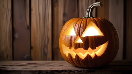 Glowing Jack-o'-Lantern Pumpkin Carving Art Perfect for Halloween Decorations and Spooky Fall Themes, Featuring Warm Candlelight Illuminating a Rustic Wooden Backdrop for Ultimate Festive Ambiance