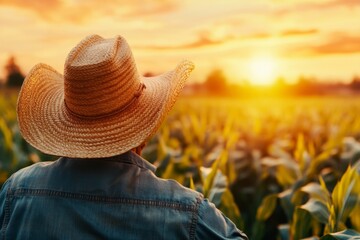 A large sprinkler system watering a cornfield at dawn, with the sun rising in the background