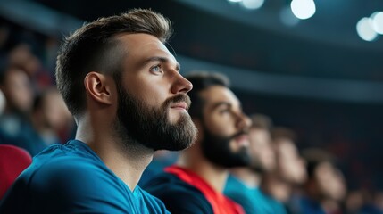 Focused Young Man Watching Sports Event in Arena with Intensity and Enthusiasm Among Fellow Fans