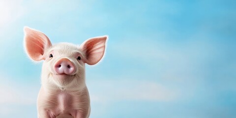 Adorable Pink Piglet Posing Against a Light Blue Background