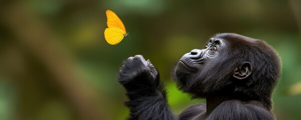Fototapeta premium Young Gorilla Gazing at a Yellow Butterfly