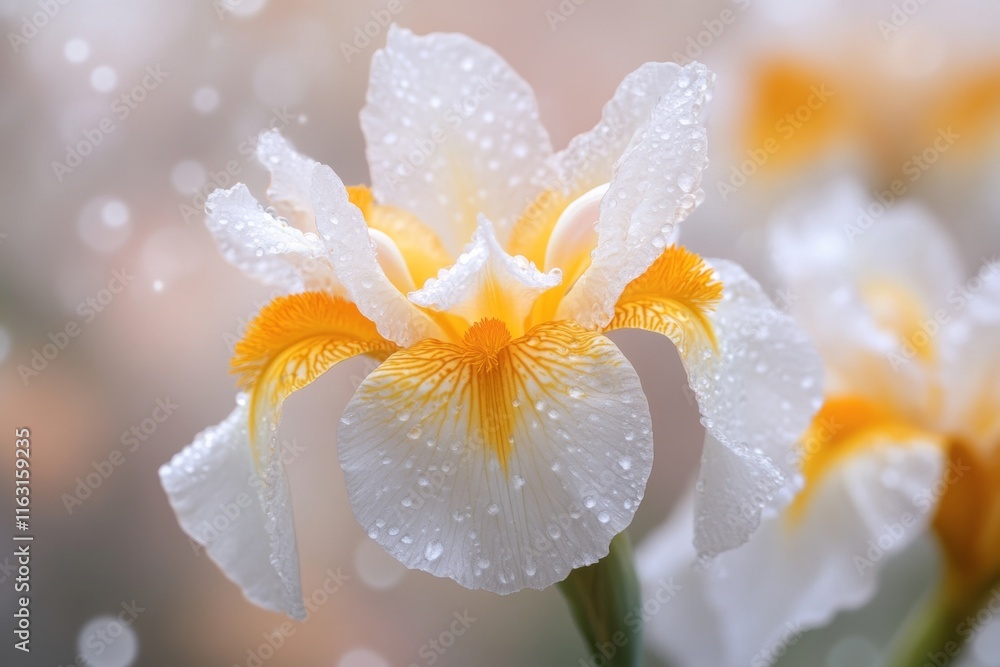 Poster A mesmerizing macro shot of a golden iris flower, with its intricate textures highlighted by soft light