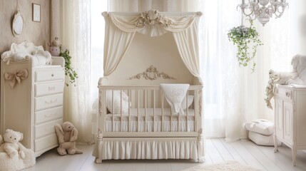 A luxury baby crib with ornate details, set in an elegant nursery with a chandelier, 