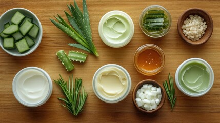 Natural Skin Care Ingredients with Aloe Vera and Honey on Wood