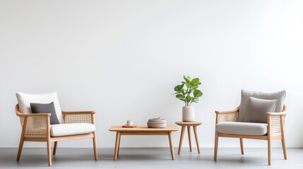 Modern Natural Living Room Furniture Arrangement with Minimalist Design and Indoor Plant Accents