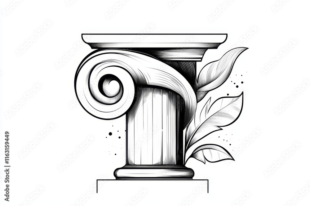 Poster a minimalist line art of an ionic column, focusing on the elegant curves of the volutes against a cl