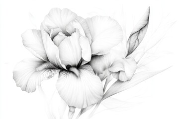Fototapeta premium A minimalist line art of an iris flower in black and white, with subtle details highlighting its elegance