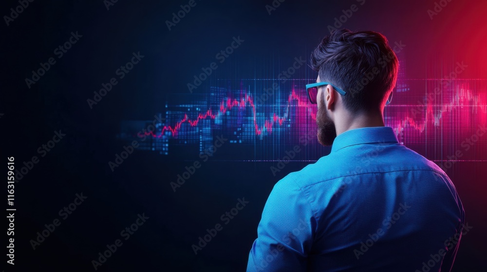 Poster businessman analyzing financial chart with data visualization in modern office setting