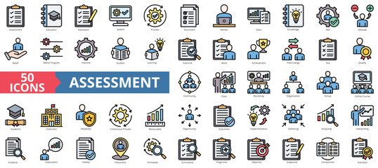 Assessment icon collection set. Containing education, evaluation, system, process, document, worker, data icon. Simple flat outline vector illustration