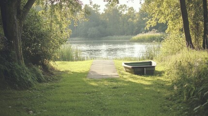 Obraz premium Serene Lake View with Wooden Pathway and Small Boat in Nature