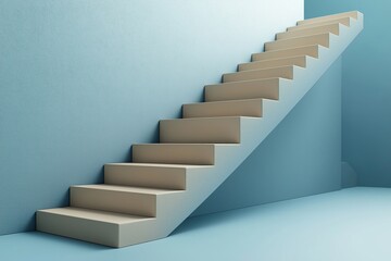 Obraz premium Modern beige staircase ascending against light blue wall. Simple design career advancement personal growth. Minimalist style evokes sense of future success, opportunity. Abstract image with focus on