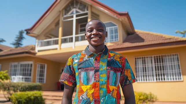 joyful boy wearing colorful kitenge shirt stands proudly in front of beautiful house, showcasing vibrant s and bright smile