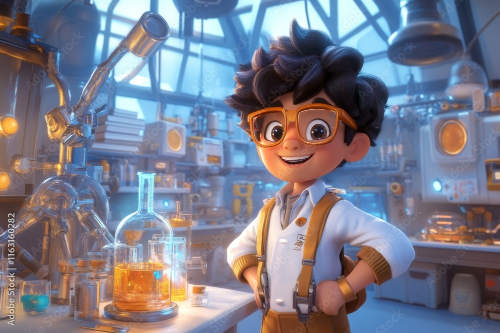 Poster a pixel art inventor in a retro lab surrounded by glowing, animated machines and tools, symbolizing 