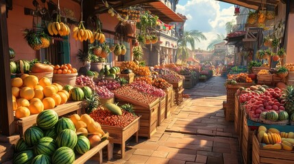 Obraz premium Vibrant Marketplace with Fresh Fruits and Vegetables in Sunny Setting