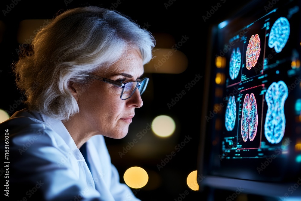 Poster a scientist conducting experiments on brain activity using advanced machines, with vibrant brain vis