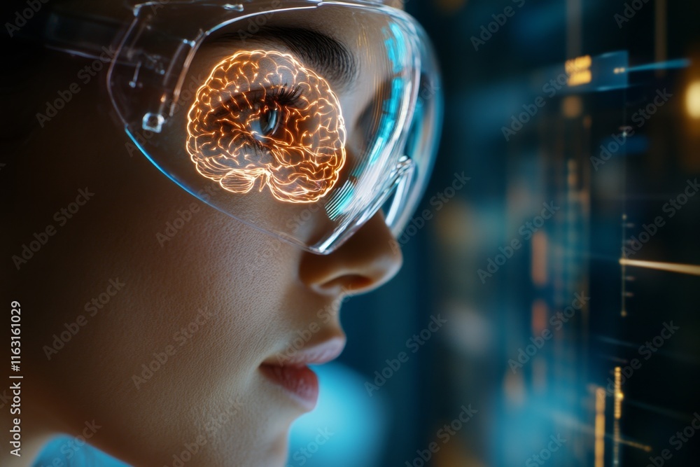 Aufkleber A scientist studying a brain scan on a holographic display, highlighting regions linked to IQ