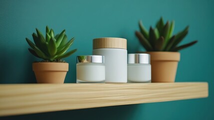 Fototapeta premium Natural Skincare Products on Wooden Shelf with Green Background