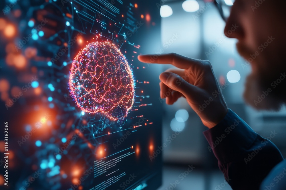 Poster a teacher explaining complex theories with a glowing holographic brain model in the classroom