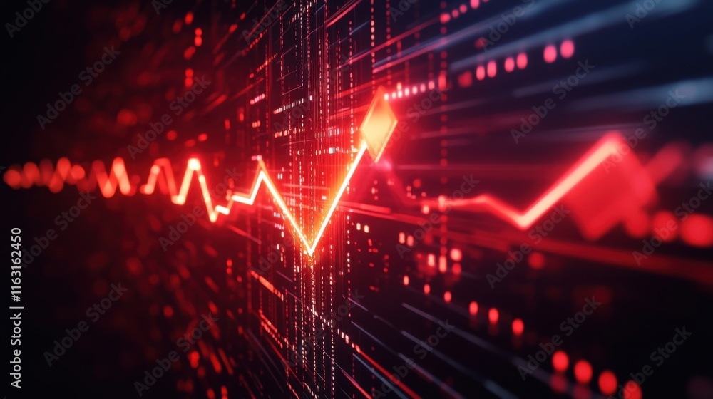 Poster abstract digital stock market graph showing upward trend, red glowing lines and data points on dark 