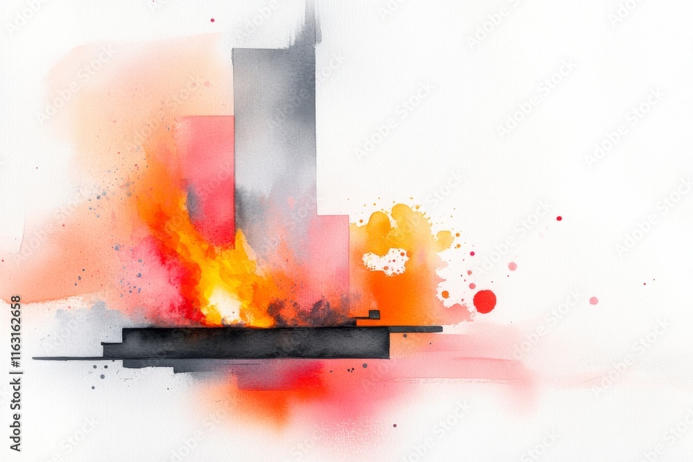 Poster a vibrant watercolor of a blacksmith forge, with glowing red-hot iron and dynamic splashes of light 